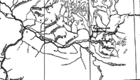 Map of the Chitina River valley. "x" depicts a copper prospect while "+" depicts a gold placer.