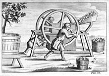 17th-century engraving of a cider press Cider press, 17th century Wellcome M0009994.jpg