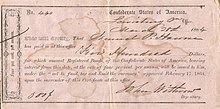 Confederate States of America, bond issued in 1864 to Samuel P. Hawver, Greenbrier County Confederate bond issued March 28, 1864, Greenbrier County, West Virginia.jpg