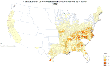 Bell's share of the vote by county in the 1860 presidential election. ConstitutionalUnionPresidentialCounty1860Colorbrewer.gif