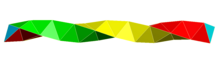 The Boerdijk-Coxeter helix, constructed by augmented regular tetrahedra, is an example of a screw axis symmetry that is nonperiodic. Coxeter helix 3 colors.png