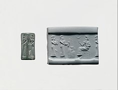 Sceau-cylindre avec impression, représentant un dévôt versant une libation devant un dieu assis sur un trône. Nippur, Metropolitan Museum of Art.