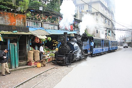 A DHR train passing a fruit shop in Darjeeling