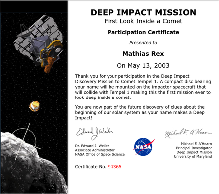 Deep Impact participation certificate of Mathias Rex