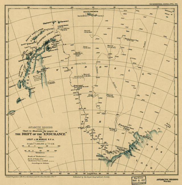 Old chart showing incomplete Antarctia coastline. The chart indicates the line of 「Endurances」 1915 drift, also the earlier drift of Filchners 「Deutschland」 and the line of James Weddells 1823 voyage