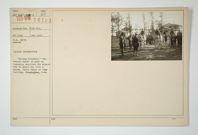 File:Drills - Cavalry - Riding instruction. "Riding bronchos." The wooden horse is used in teaching soldiers the proper way to mount and ride a horse. Photo taken at Camp Darling, Framingham, Massachusetts - NARA - 26434292.jpg