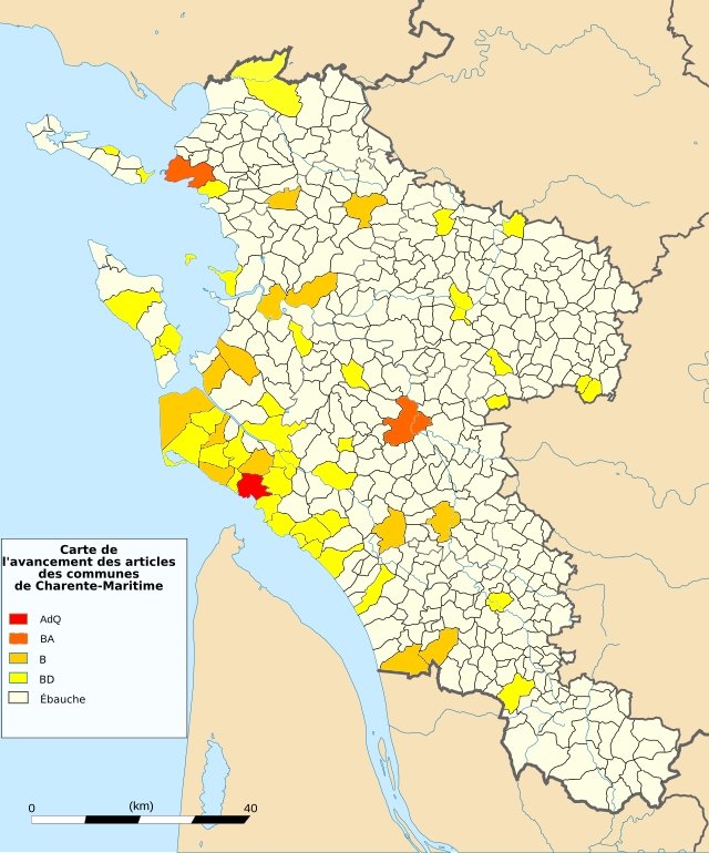 Carte de l'avancement des articles des communes de la Charente-Maritime