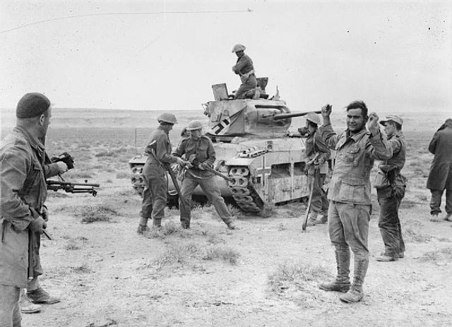 A captured Matilda put into use by the German forces, is recaptured and its crew taken prisoner by New Zealand troops, 3 December 1941 during the batt