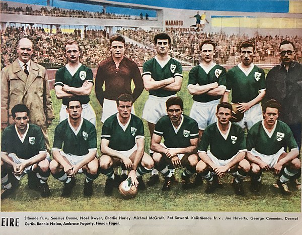 The Republic of Ireland national team had a match at Malmö Stadion against Sweden in May 1960 – players of the team from left to right, standing; Seamus Dunne, Noel Dwyer, Charlie Hurley. Michael McGrath, Pat Saward; crouched: Joe Haverty, George Cummins, Dermot Curtis, Ronnie Nolan, Ambrose "Amby" Fogarty and Fionan "Paddy" Fagan.