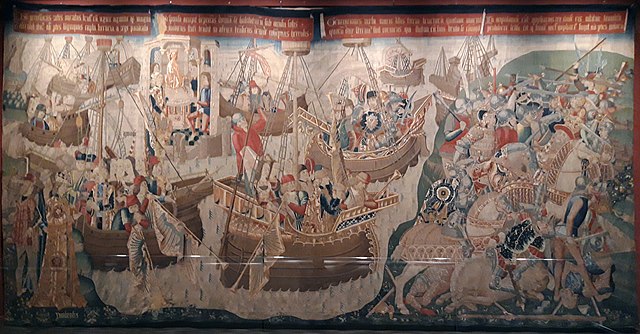 Complete tapestry with Brutus leaving Greece (left), at the temple of Diana (above), sailing to Gaul (centre), and fighting Goffar (right)