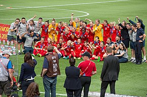 England celebrates its third-place finish at the 2015 FIFA Women's World Cup in Canada. FIFA Women's World Cup Canada 2015 - Edmonton (19435771172).jpg