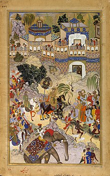 The Mughal Emperor Akbar triumphantly enters Surat. Farrukh Beg. Akbar's Triumphal Entry into Surat. Akbarnama, 1590-95, Victoria and Albert Museum, London.jpg