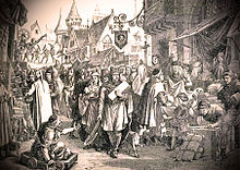Dessin en noir et blanc représentant une foule de marchands et de clients lors d'une foire médiévale urbaine.