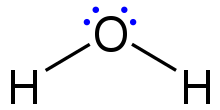 A lewis structure of a water molecule, composed of two hydrogen atoms and one oxygen atom sharing valence electrons