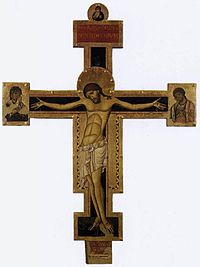 Giunta Pisano, Crucifix, tempera on wood, 1240s. Papal Basilica of Saint Mary of the Angels in Assisi