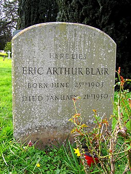 Orwell's grave in All Saints' parish churchyard, Sutton Courtenay, Oxfordshire Grave of Eric Arthur Blair (George Orwell), All Saints, Sutton Courtenay - geograph.org.uk - 362277.jpg