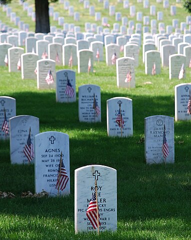 Graves at Arlington National Cemetery decorated for a Memorial Day