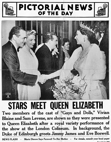 Vivian Blaine and Sam Levene meet Queen Elizabeth after a Royal Command Variety Performance of Guys and Dolls on November 2, 1953