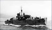 The Canadian corvette HMCS Rimouski used its diffused lighting camouflage to attack a U-boat. HMCS Rimouski K121 MC-2853.jpg