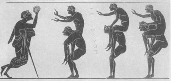 A handball game with piggybacking players in Ancient Greece circa. 500 BCE