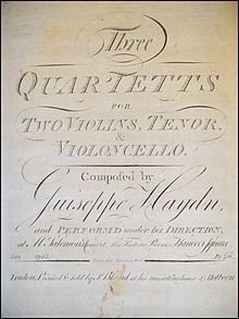 1791 advertisement for three of the Op.64 string quartets of Joseph Haydn, describing them as "performed under his direction at Mr. Salomon's Concert, the Festino Rooms, Hanover Square". Haydn-String-Quartets-Op65.jpg