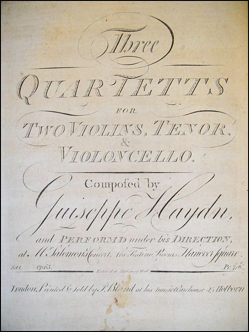 A contemporary musical edition of three Haydn quartets, with "Giuseppe Haydn". Haydn-String-Quartets-Op65.jpg