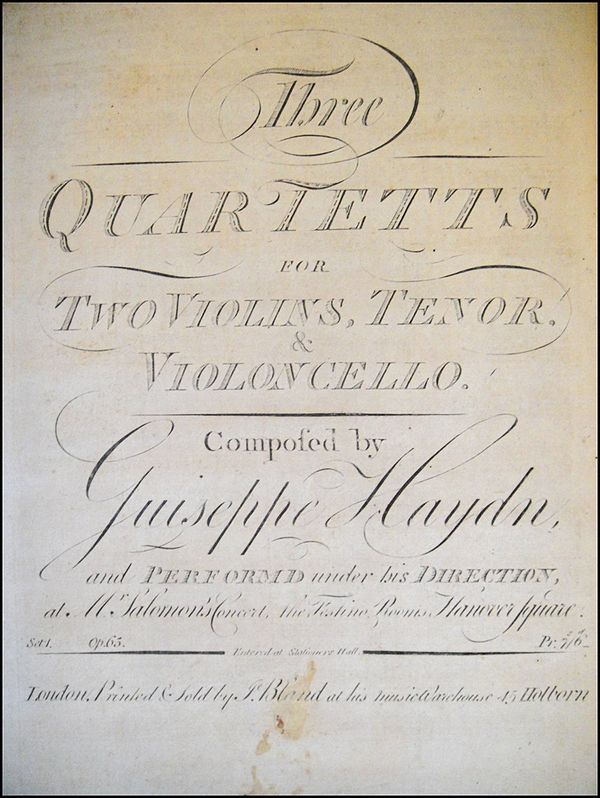 1791 advertisement for three of the Op.64 string quartets of Joseph Haydn, describing them as "performed under his direction at Mr. Salomon's Concert,