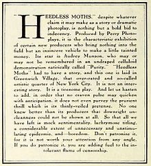 Editorial from a 1921 issue of Photoplay recommending that readers not watch a film, which featured nude scenes Heedless Moths (1921) - Photoplay Editorial.jpg