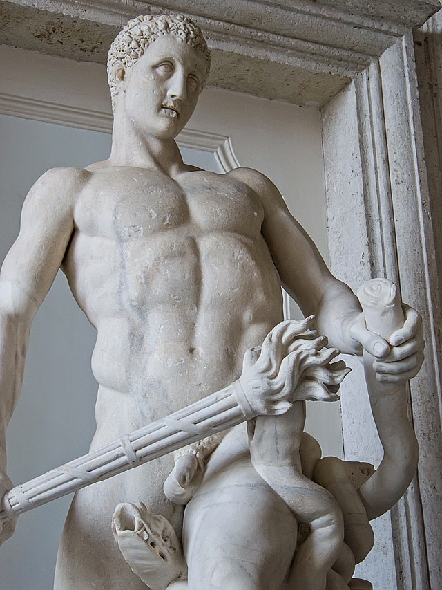 Statue of Heracles, holding a club and caressing a lion