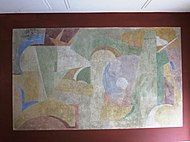 Hans Arp, 1915-16: 'Wall-painting, no title'; location: Zürich-Hottingen, Switzerland; - quote of Arp: 1915: 'Structures of lines, surfaces, forms, colours. They try to approach the eternal, the inexpressible above men. They are a denial of human egotism.'