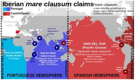 Iberian 'mare clausum' in the Age of Discovery Iberian mare clausum claims.svg