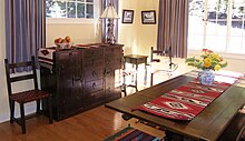 Original Imperial Monterey furniture shown in the dining room it may have resided in at the Superintendent's House at Crater Lake National Park, now the Science and Learning Center. The hutch is a prohibition hutch, and has a hidden latch whereby a pop-up bar raises in the back. Imperial Monterey Prohibition Hutch + Chairs.jpg