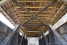 Interior of the bridge in 2022 Indian Creek Covered Bridge 2022c.jpg