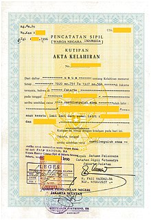 An Indonesian birth certificate issued in 1996, using traditional authenticating signature and stamp Indonesian Birth Certificate Issued in 1996.jpg