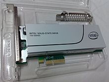 An SSD that uses NVM Express as the logical device interface, in the form of a PCI Express 3.0 x4 expansion card Intel SSD 750 series, 400 GB add-in card model, top view.jpg