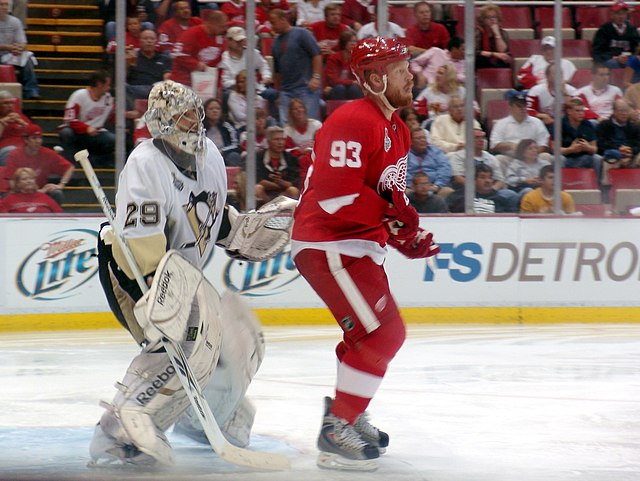 Fleury is screened by Franzen during Game 5