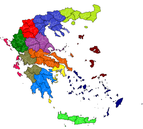 Administrative division of Greece following the "Kallikratis" reform: each colour denotes a region, regional units are outlined in black, and municipalities in white