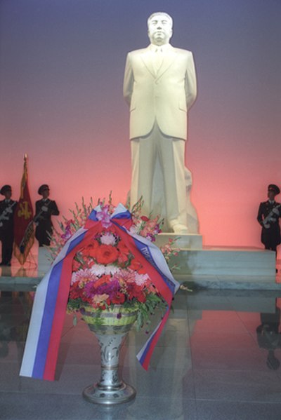 A white marble statue of Kim Il Sung inside the Kumsusan Palace of the Sun. It has since been replaced by giant wax likenesses of the two leaders.