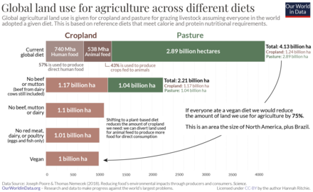 The amount of globally needed agricultural land would be reduced by three-quarters if the entire population adopted a vegan diet.[322]