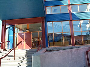 Pearson opened in 1990 with a design for the 21st century. This is a view of the east entrance with the skyway above. Lester B. Pearson High School 3.jpg