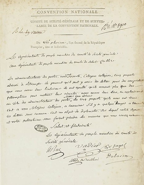 File:Lettre autographe adressée par le Comité de sûreté générale au Comité de salut public - Archives Nationales - AE-I-2-20 - (1).jpg