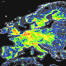 A map from 1996 to 1997 showing the extent of skyglow over Europe Light pollution europe.jpg