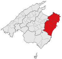 Localisation de la comarque du Llevant dans l'île de Majorque.