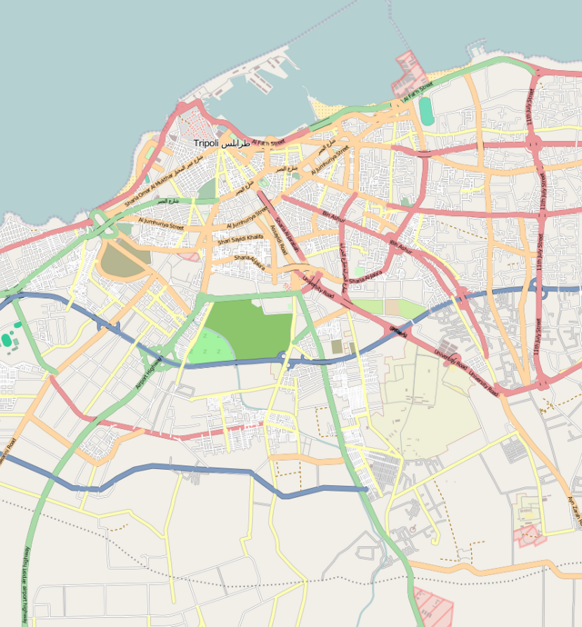 Mapa konturowa Trypolisu, u góry znajduje się punkt z opisem „Prokatedra św. Franciszka z Asyżu”