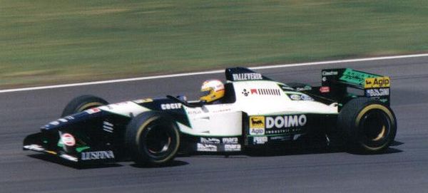 Luca Badoer driving for Minardi at the 1995 British Grand Prix.