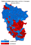 Ryska (rött, enligt folkräkning 2001) och ukrainska (blått) är oblastets två stora modersmål.