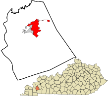 Lyon megye Kentucky beépített és be nem épített területeit Eddyville kiemelte.svg