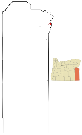 Malheur County Oregon Incorporated and Unincorporated areas Ontario Highlighted.svg