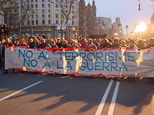 Demonstration in Barcelona. The banner, in Catalan, reads "No to terrorism, no to war" Manifestacio 12 de maig de 2004 a Barcelona.JPG