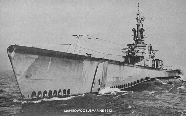 One of the 28 Manitowoc submarines produced, used in the Pacific Theater, from 2 April 1943 to the end of the war, on 15 August 1945. Two lookouts are